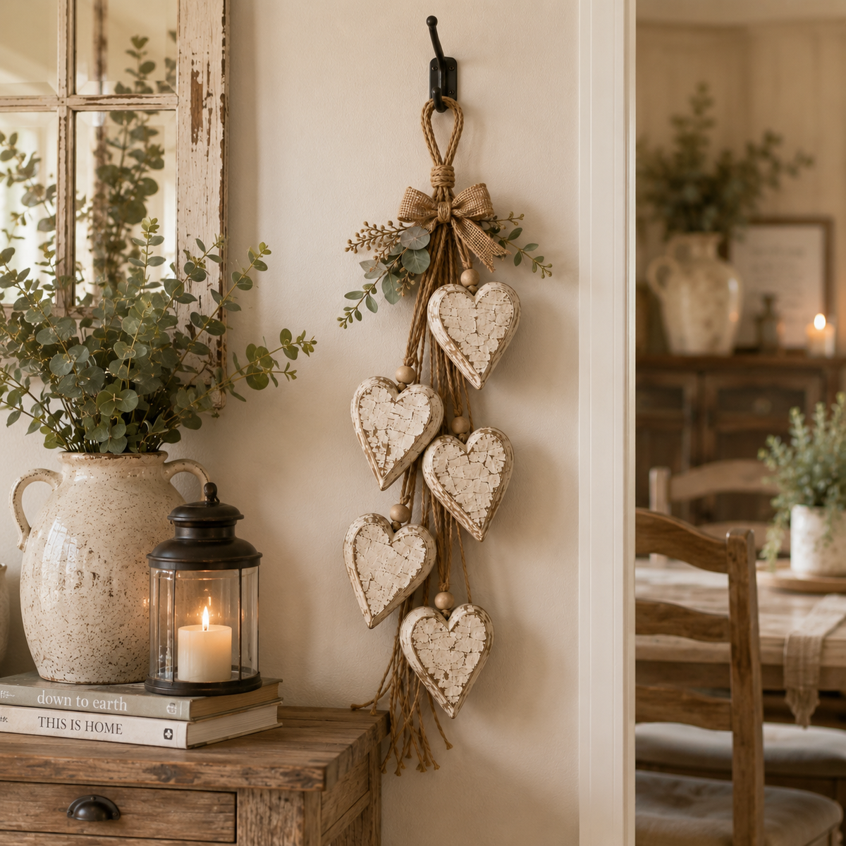 Wooden heart wall hanging with faux greenery beside an entryway console