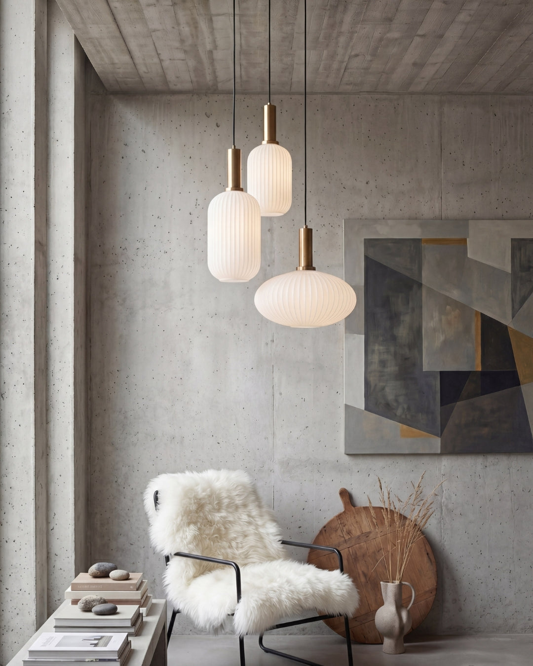 Ribbed glass pendant light in a Nordic-inspired interior