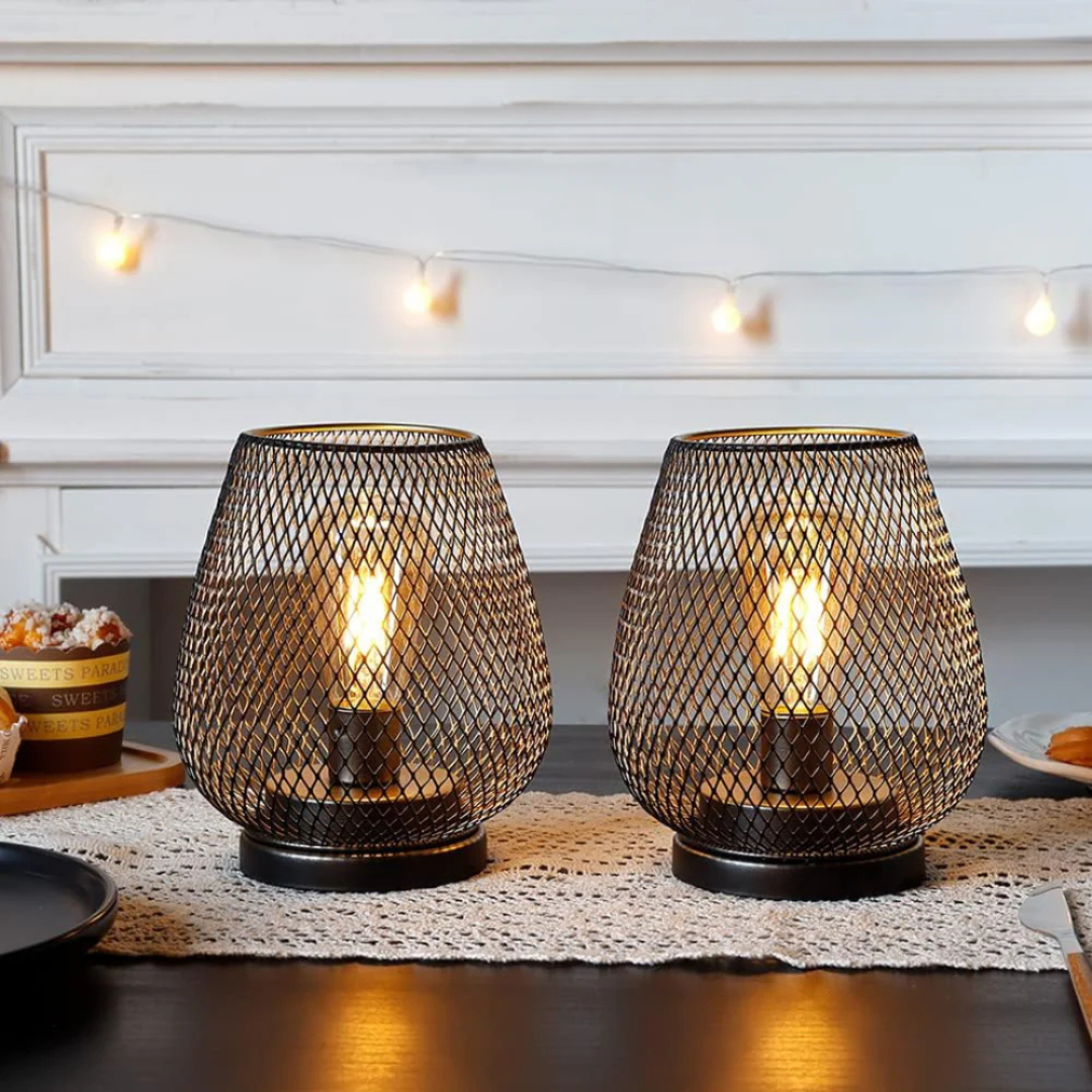 Two portable lamps on a dining table with lace runner