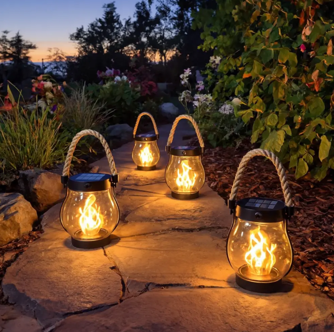Solar LED lantern with flickering flame effect