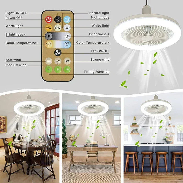 Remote functions for E27 LED fan light shown in three rooms
