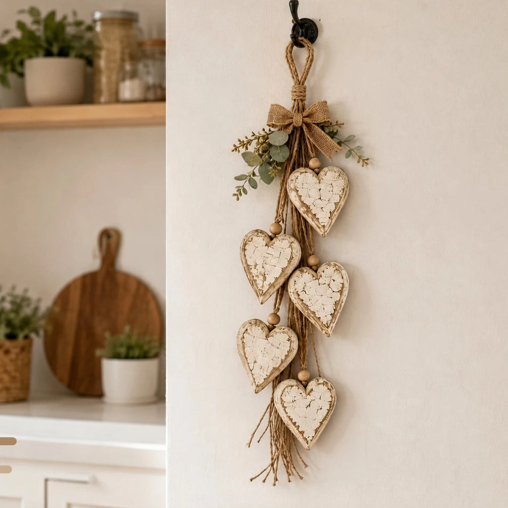 Rustic wooden hearts on jute rope hanging in a kitchen