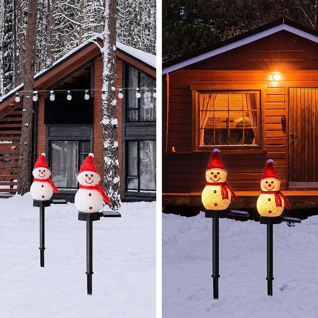 Snowman stake lights beside a cabin by day and night