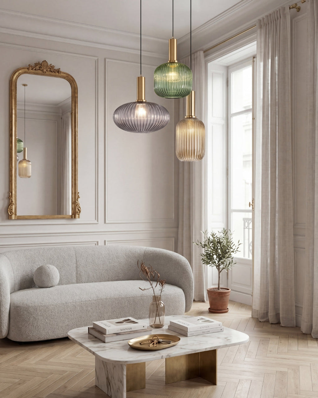 Ribbed glass pendant light shade detail with gold fitting