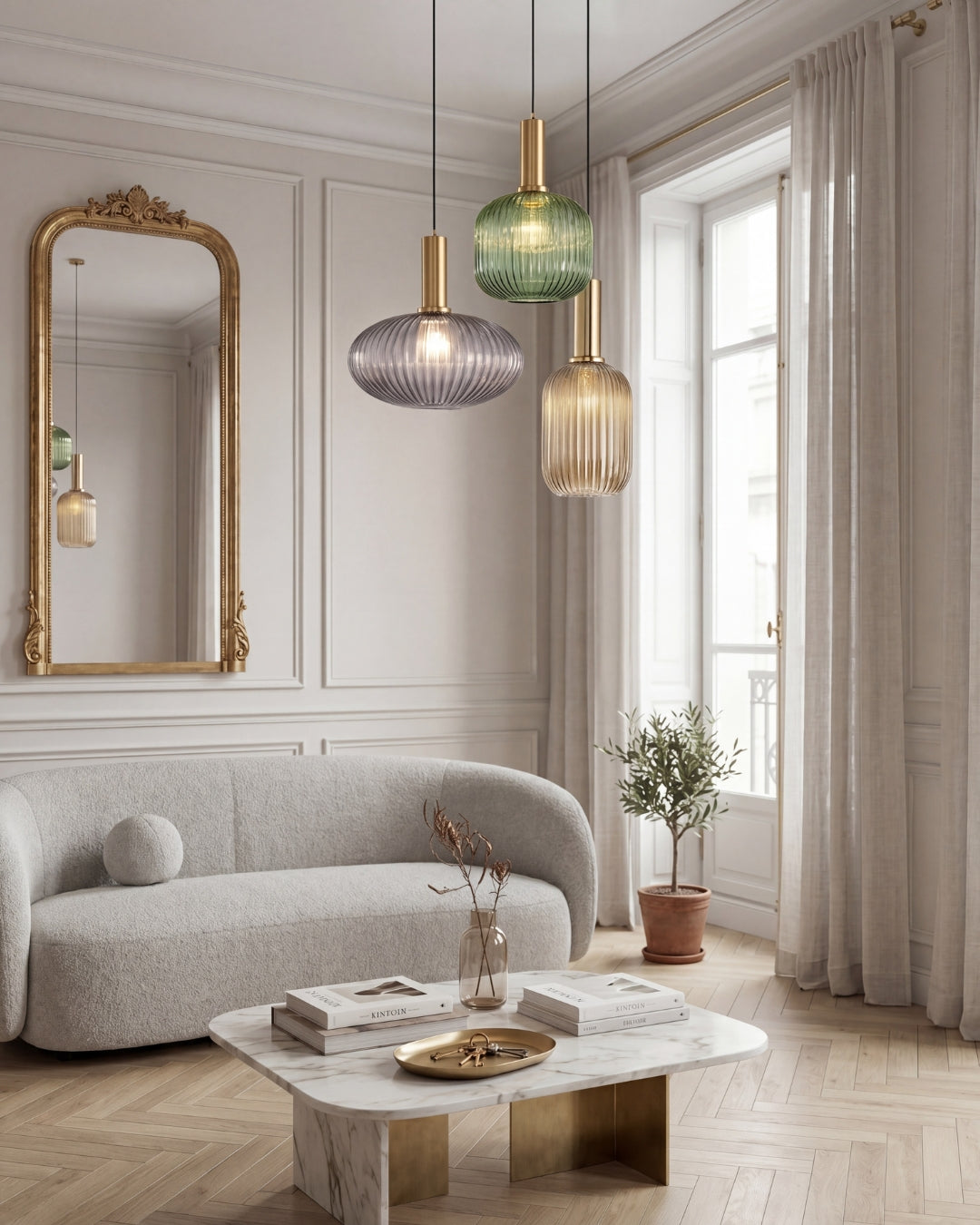 Ribbed glass pendant light shade detail with gold fitting
