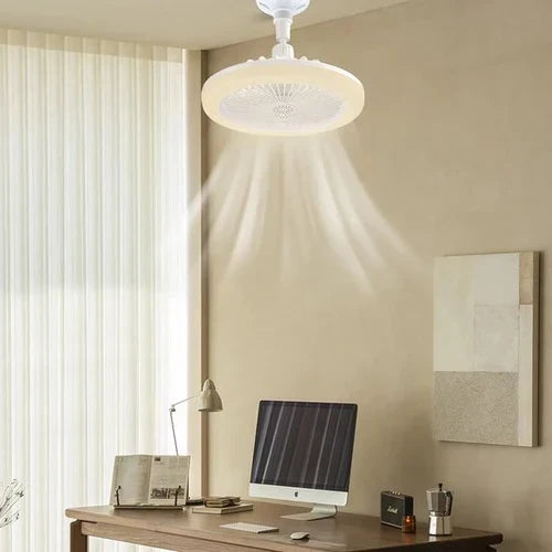 White E27 LED ceiling fan light above a home office desk