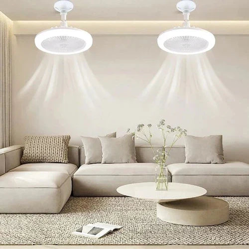 Two E27 LED fan lights above a neutral living room sofa