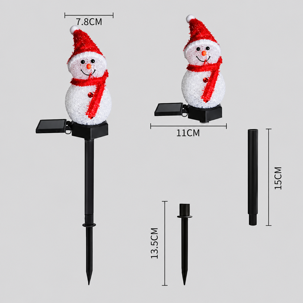 Solar snowman stake light with measurements and stake parts