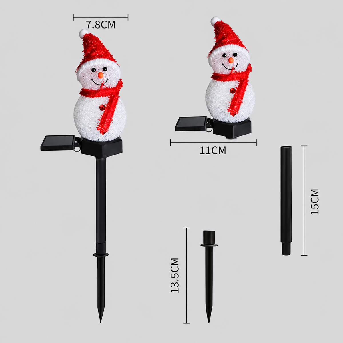 Solar snowman stake light with measurements and stake parts