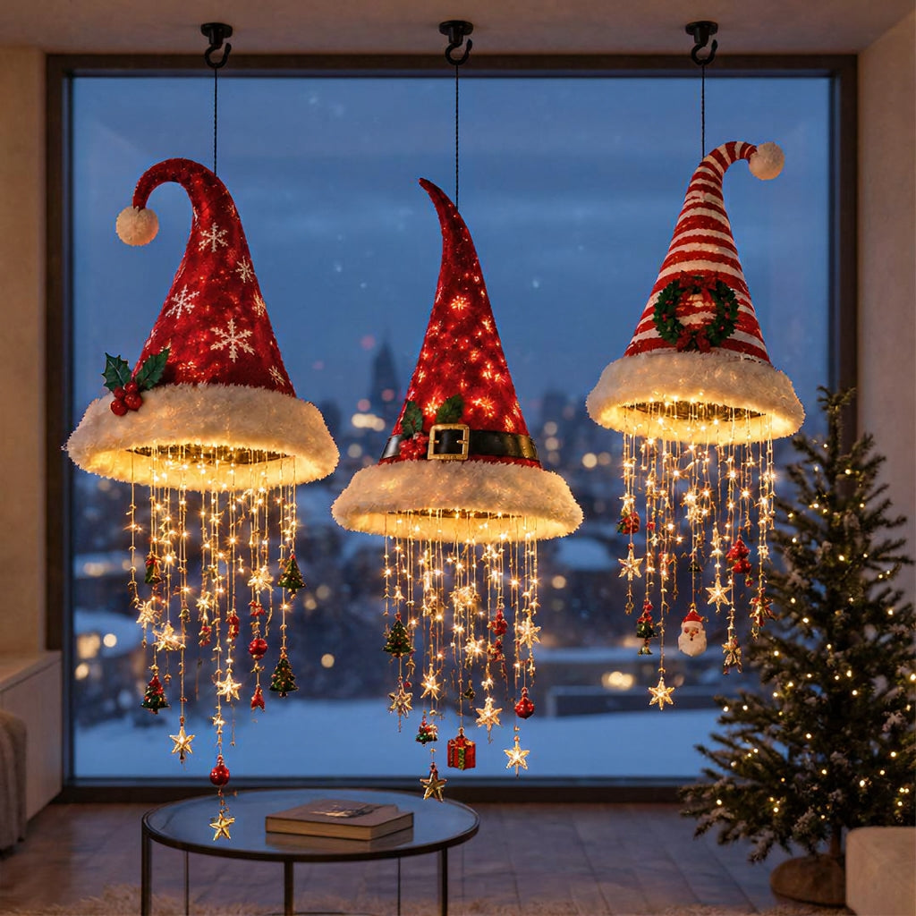 Lighted Santa hats hanging in front of a snowy window