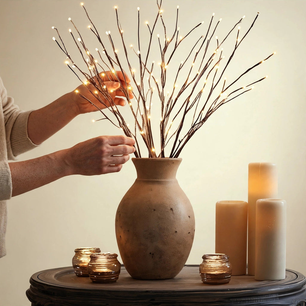 Hands shaping bendable LED holiday lights branches in clay vase