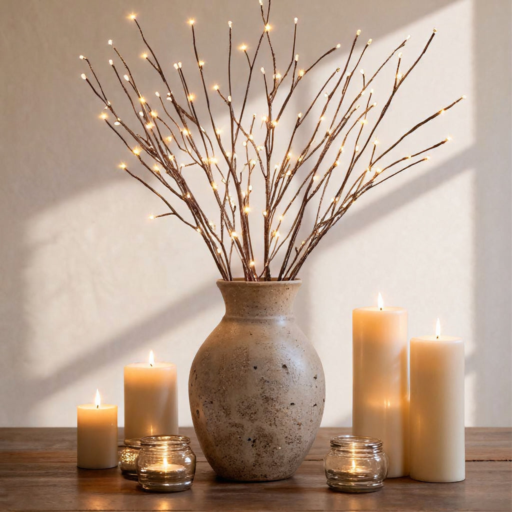 LED light branch arrangement in vase on wooden table