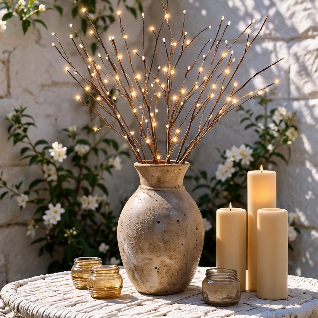 Lighted branches in stone vase beside pillar candles on patio