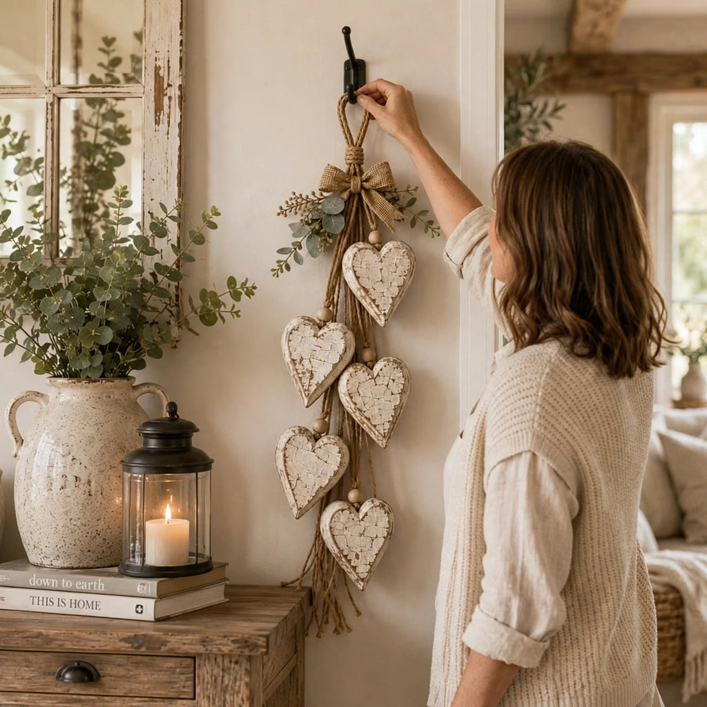 Woman hanging rustic wooden heart wall hanging on an entryway hook