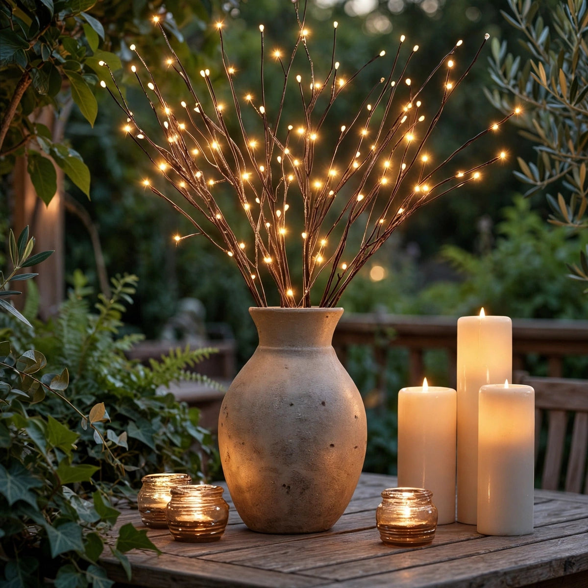 LED Christmas lights branch in stone vase on garden table