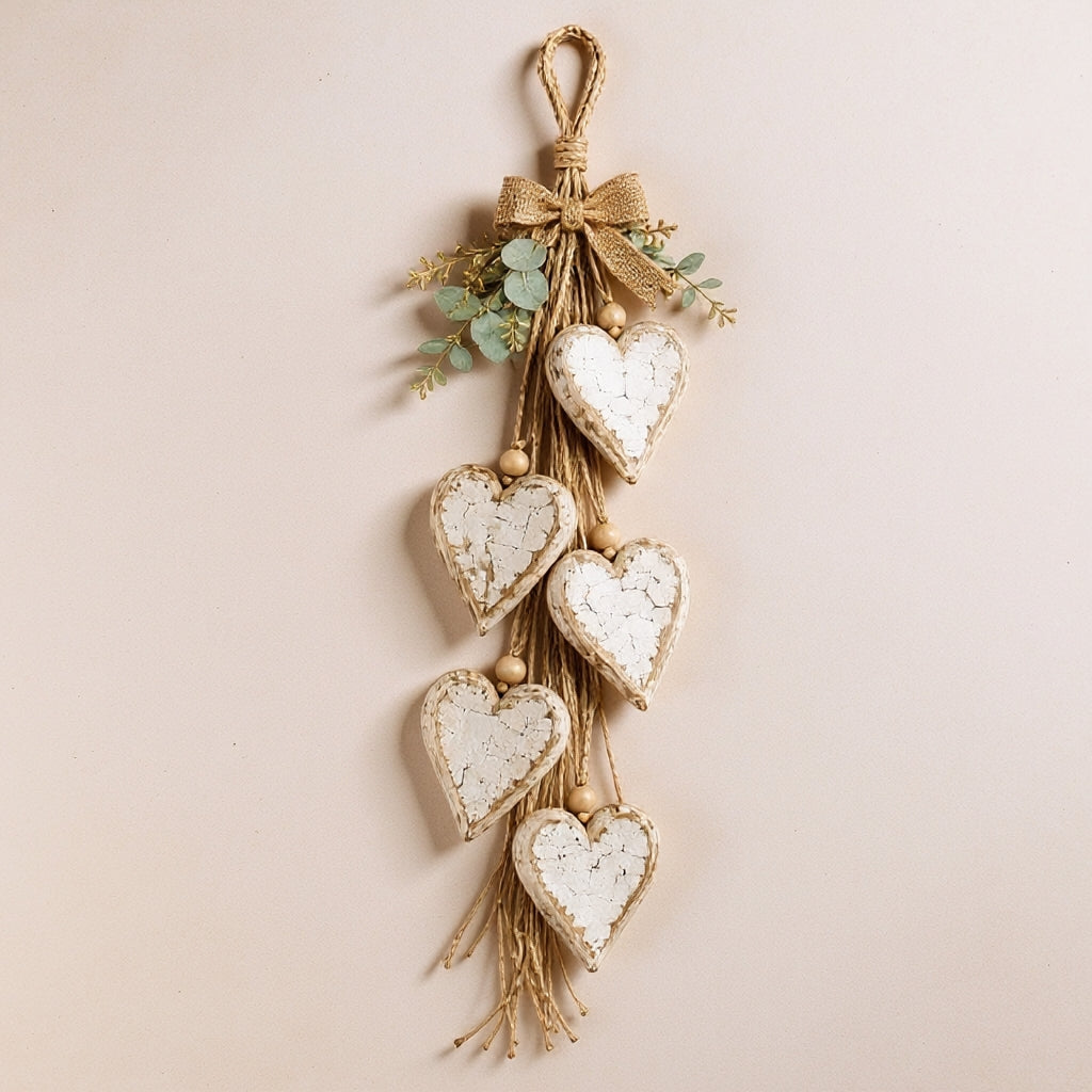 Wooden heart wall hanging styled on an interior wall