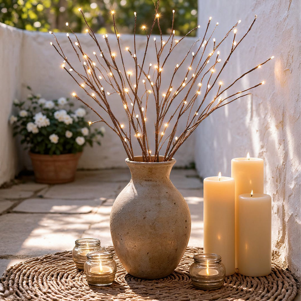 Glowing twig branches in vase on woven mat with candles