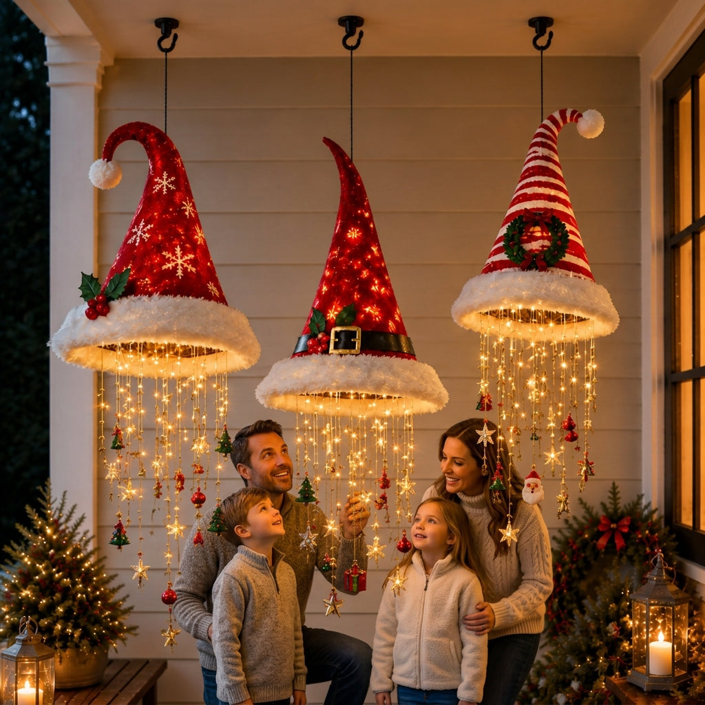 Family admiring lighted Santa hat decorations on their porch