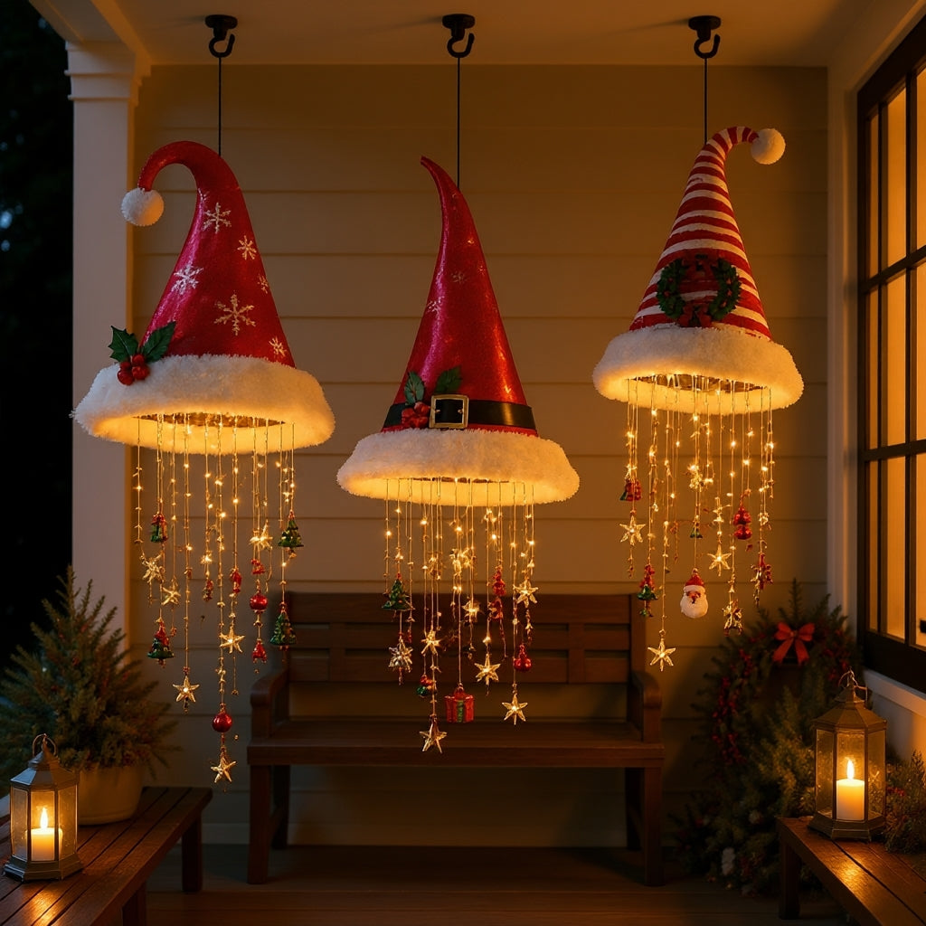 Three red and white Santa hats above a porch bench