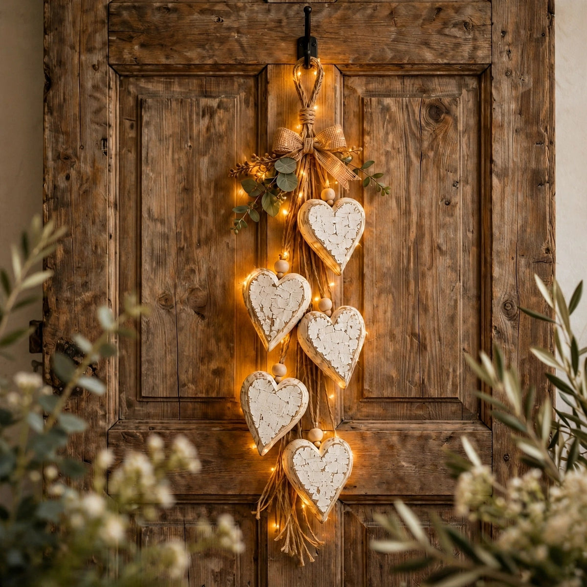 Wooden heart wall hanging glowing with LED lights on a rustic door