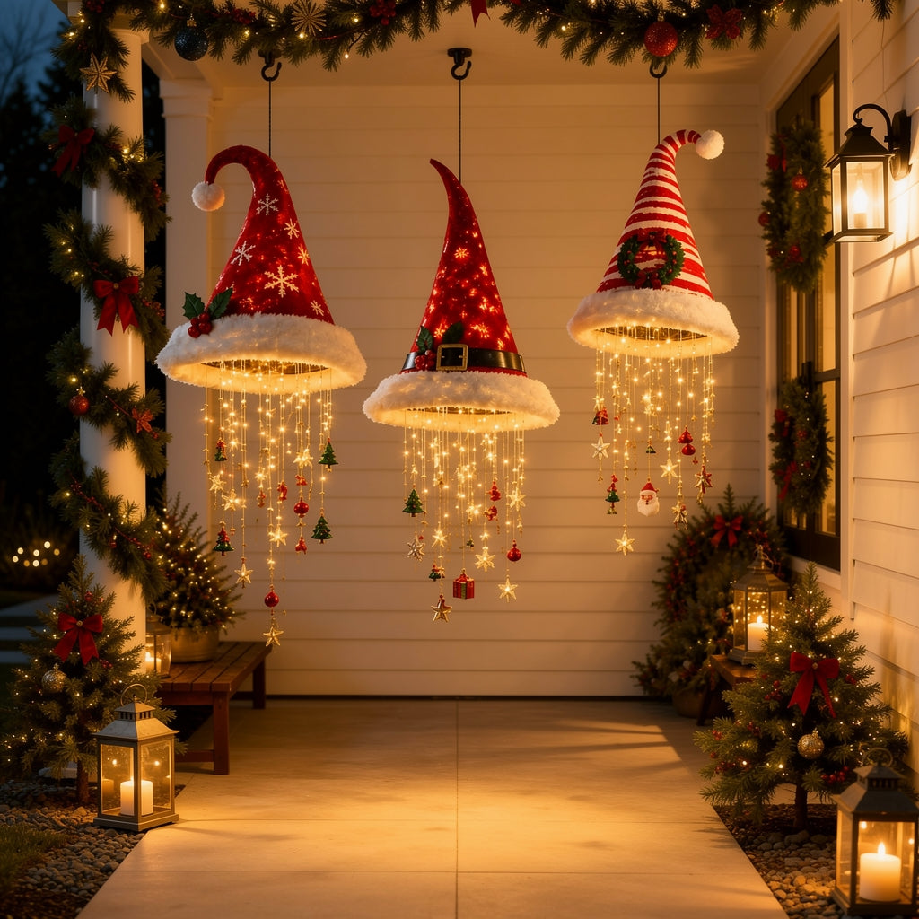 Hanging LED Santa hats glowing above a festive porch