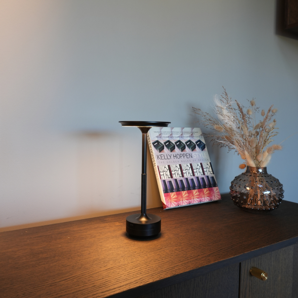 Black touch table lamp with flared shade