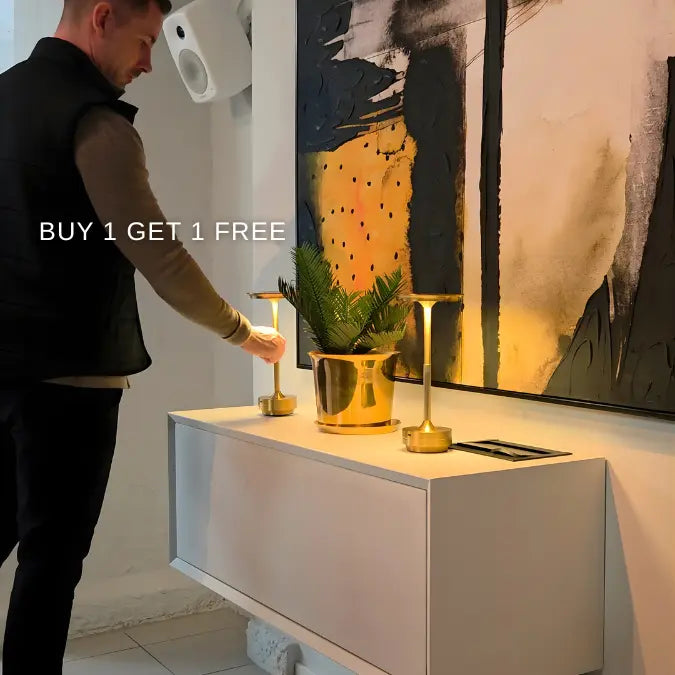 Cordless table lamp with flared shade and knurled stem
