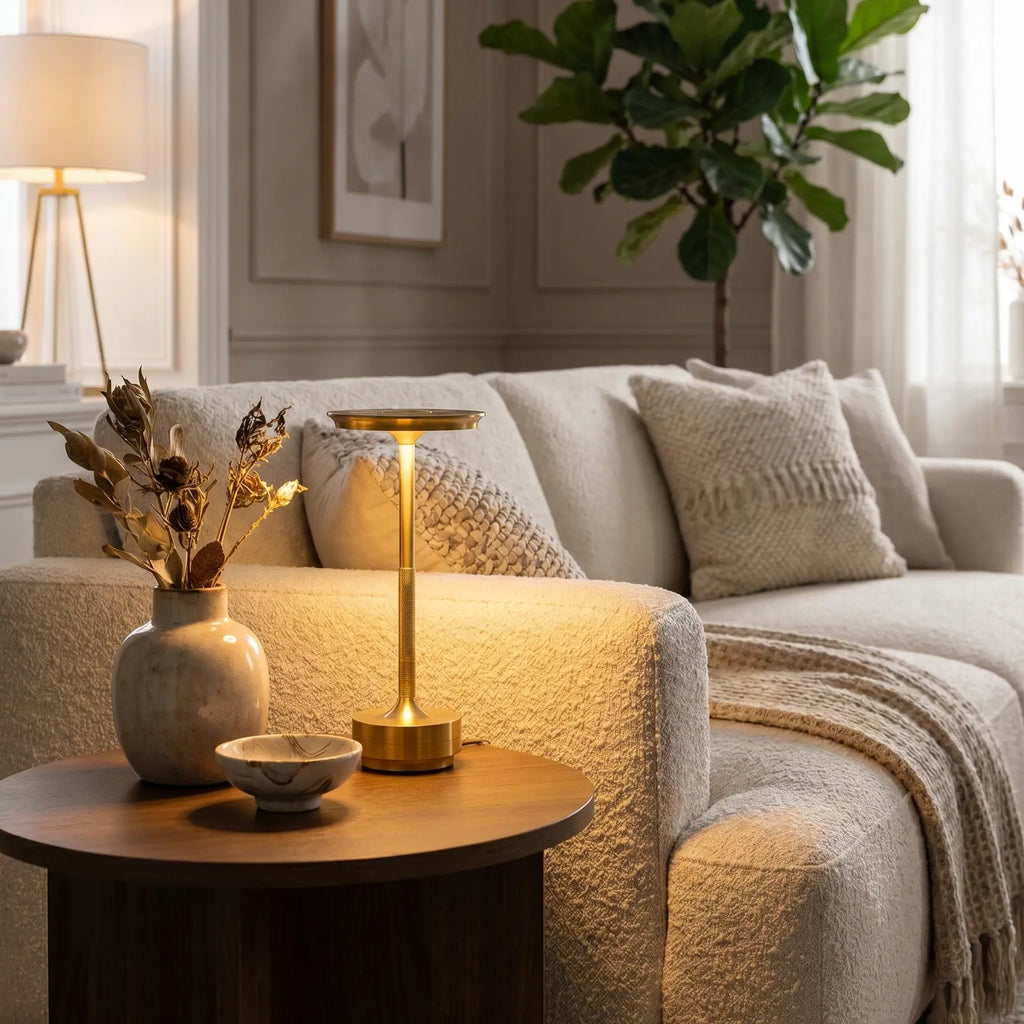Gold cordless table lamp on a square side table