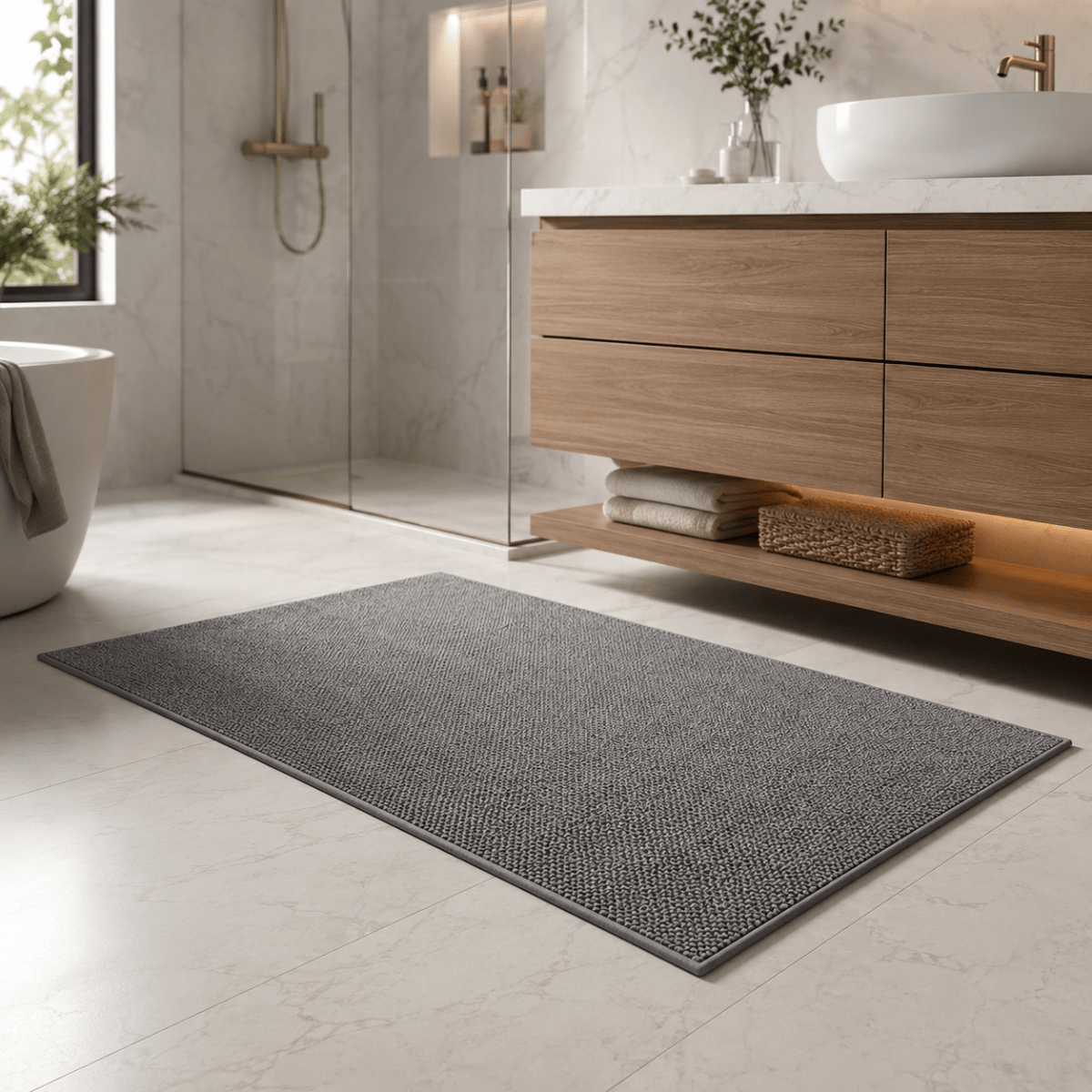 Gray non-slip mat on marble floor near freestanding tub