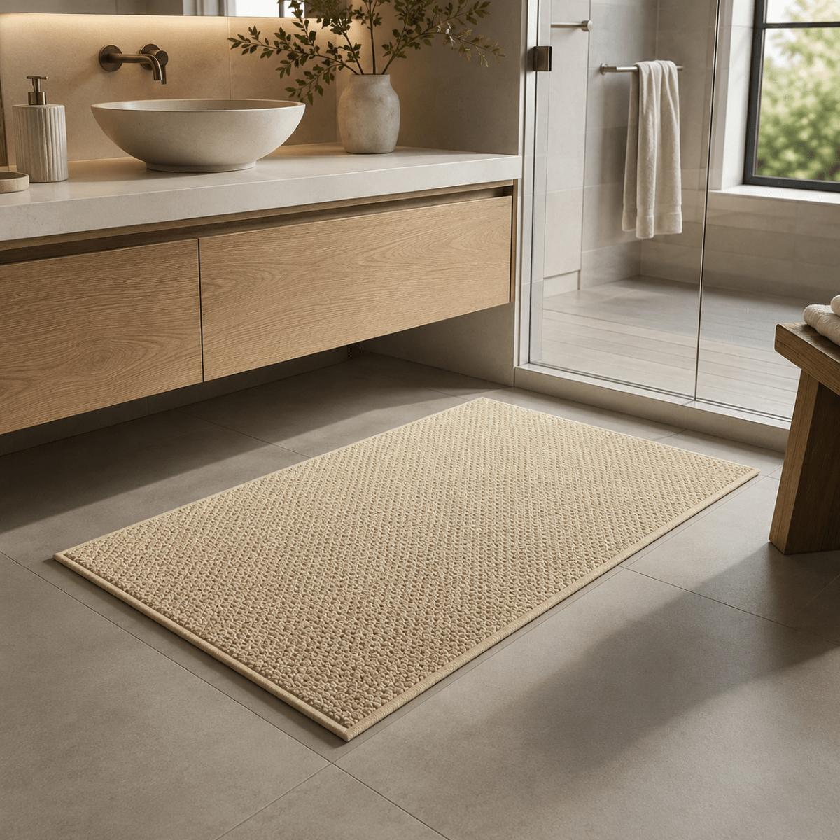 Beige quick-drying mat in front of a glass shower