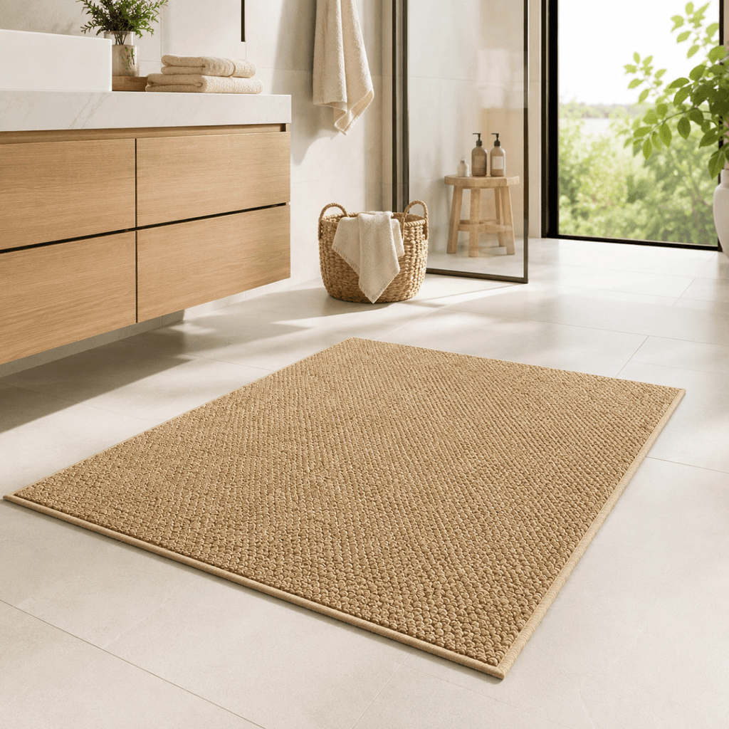 Brown woven-look mat on tiles beside a wood vanity