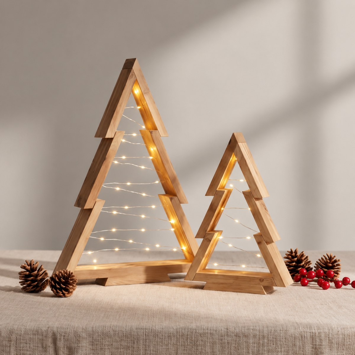 Wooden Christmas tree with lights on a linen tablecloth