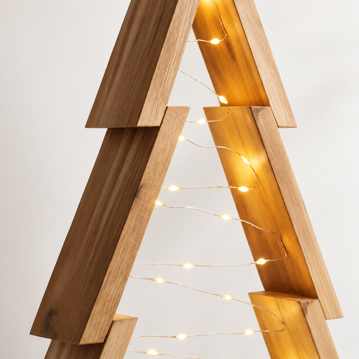 Close-up of natural wood grain and tiny LED lights