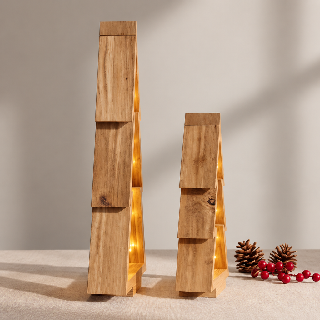 Side view of two slim wooden Christmas tree decorations
