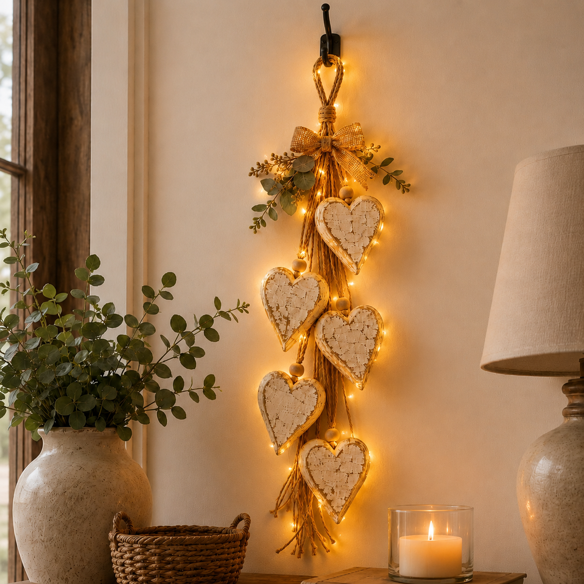 Lit wooden heart wall hanging above a table with a candle