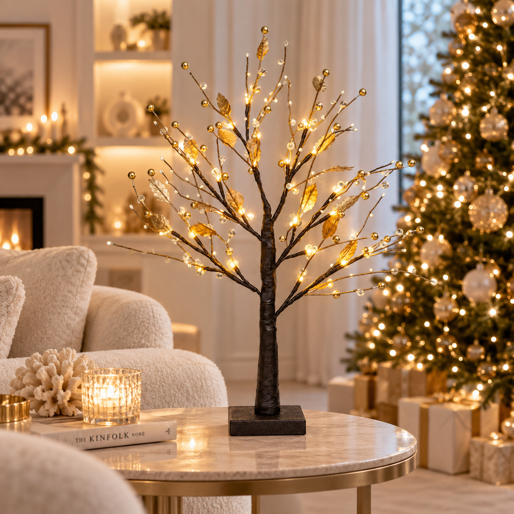 Gold pearl LED tree glowing on a round coffee table