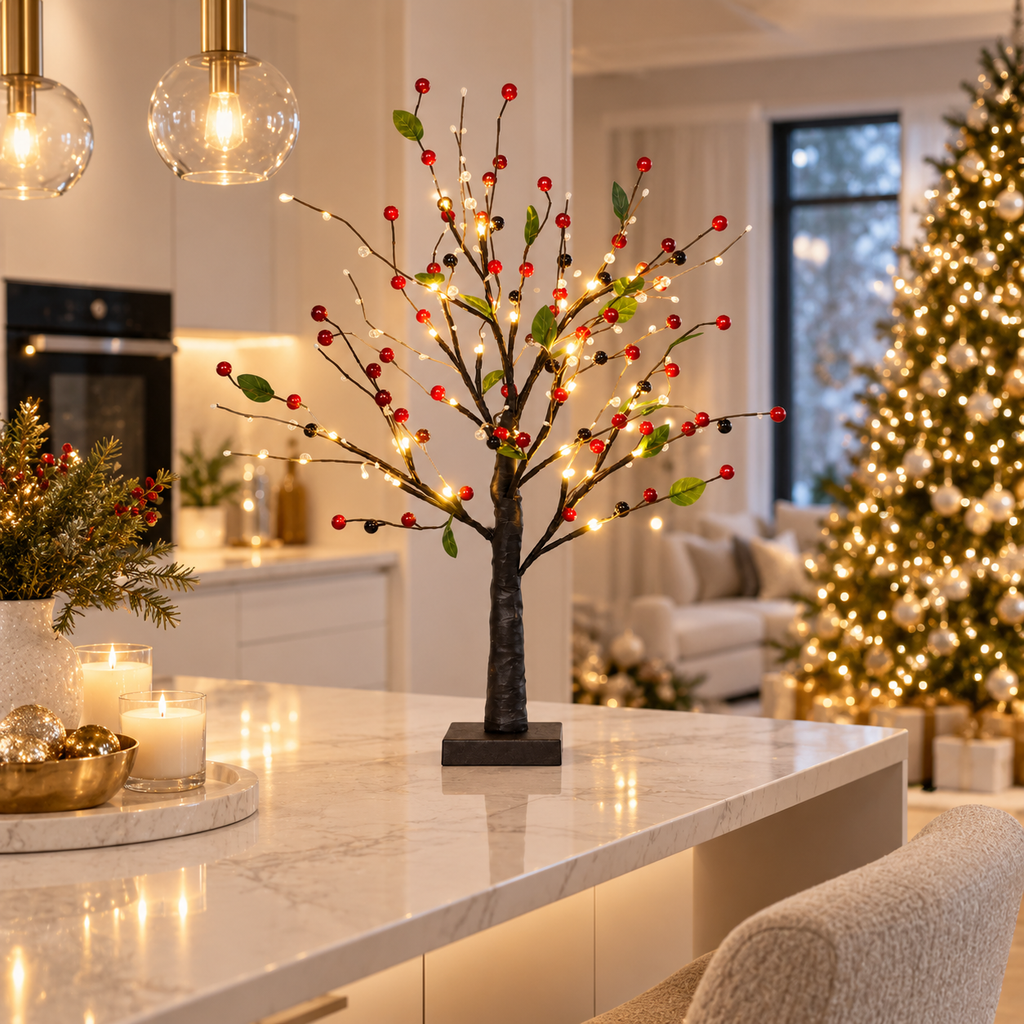 Red berry tree with mini LED lights on a kitchen island