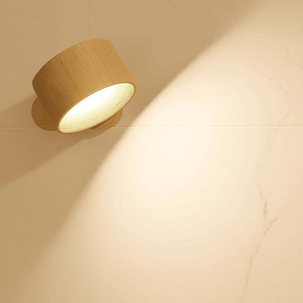 Natural Oak rechargeable wall lamp on a light marble wall