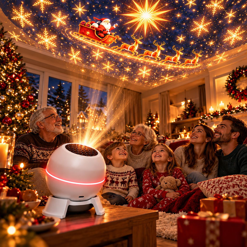 Christmas light projector casting Santa and snowflakes on a family room ceiling