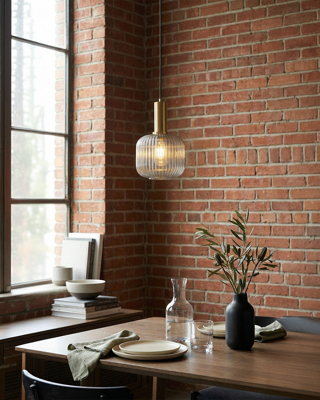 Cognac ribbed glass pendant light casting a warm amber glow