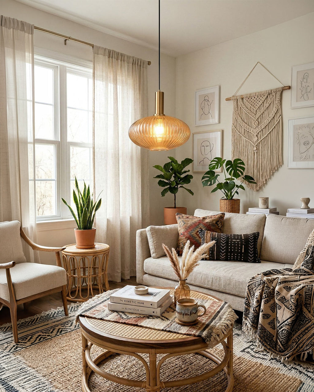 Cognac glass pendant light glowing in a warm boho living room