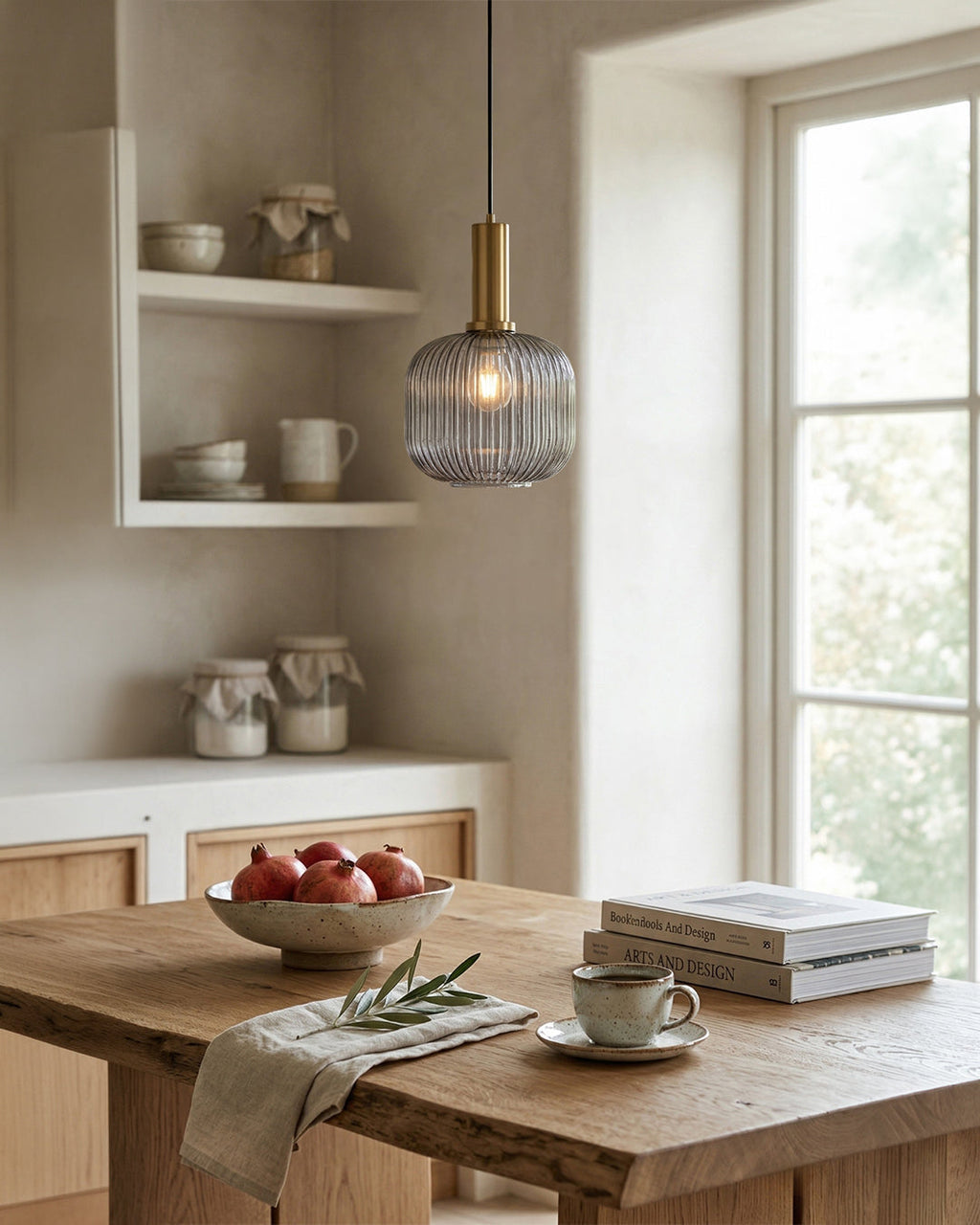 Smoky gray ribbed glass pendant light with soft diffused glow