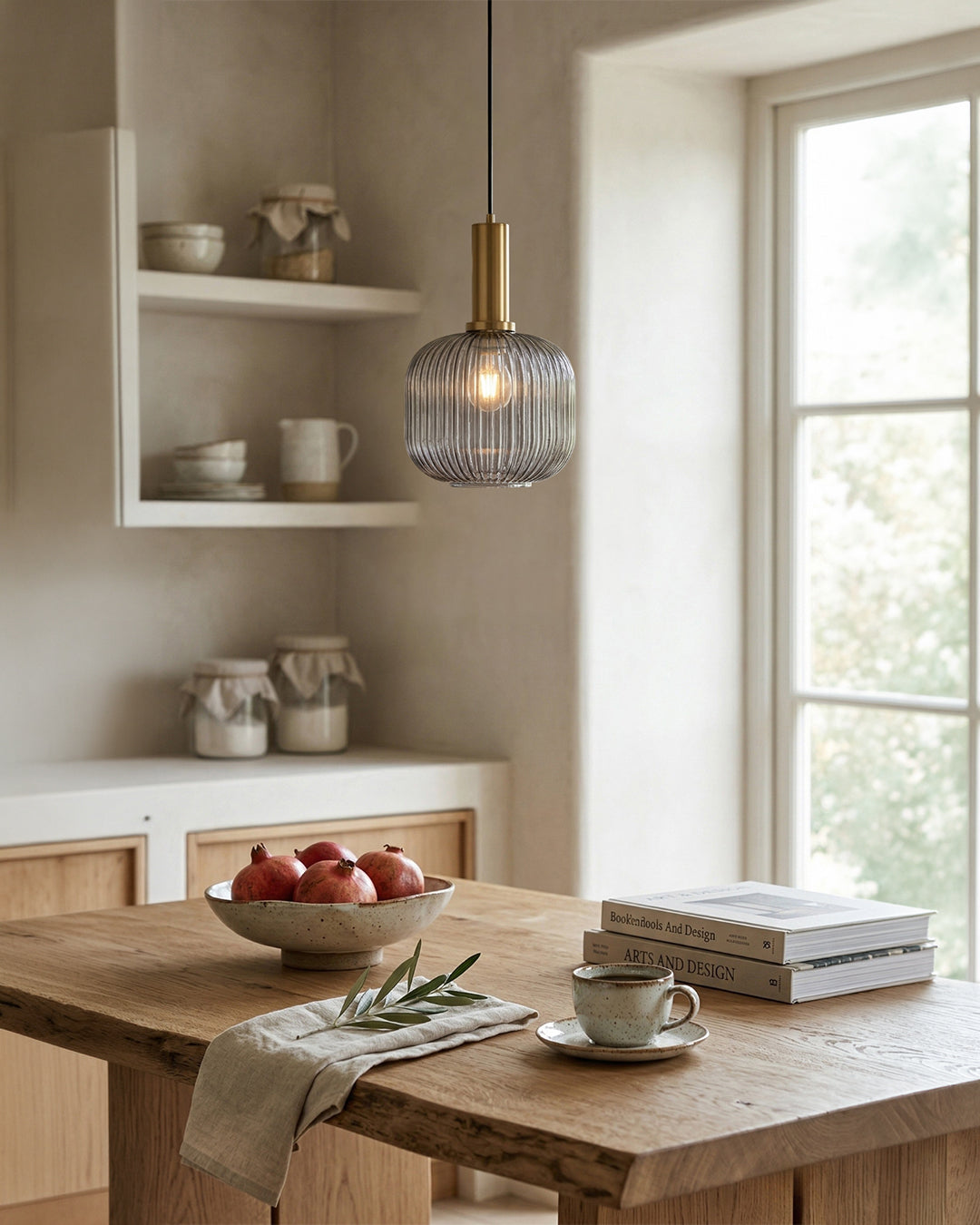 Smoky gray ribbed glass pendant light with soft diffused glow