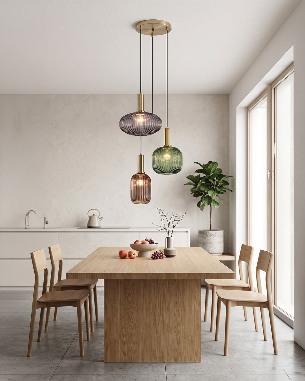 Mixed color ribbed glass pendant lights in a styled interior