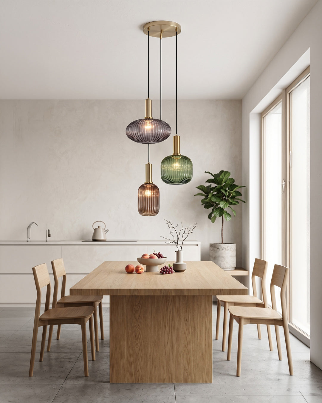 Mixed color ribbed glass pendant lights in a styled interior