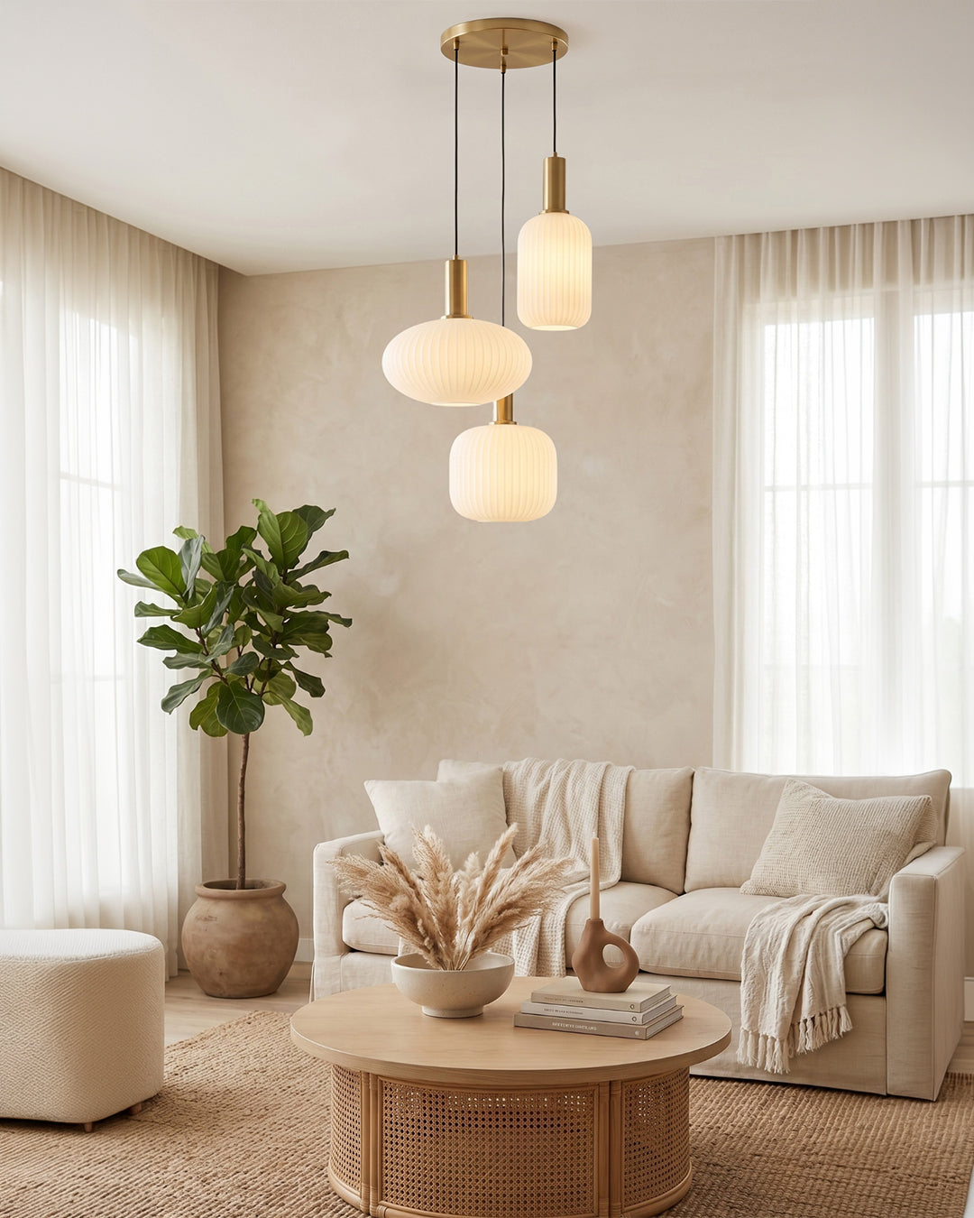 Grouped glass pendant lights adding soft light to a room