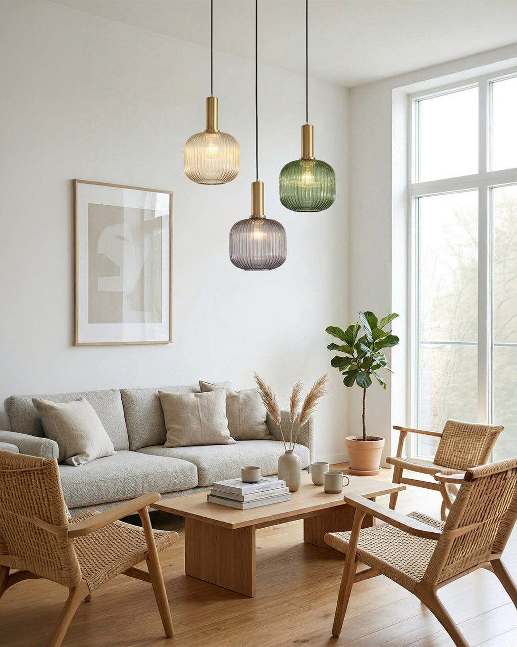 Modern hanging pendant lights grouped over a dining table