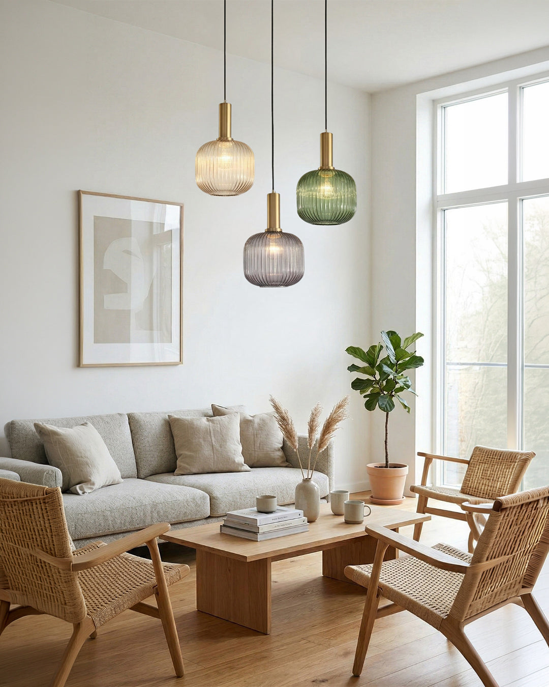 Modern hanging pendant lights grouped over a dining table