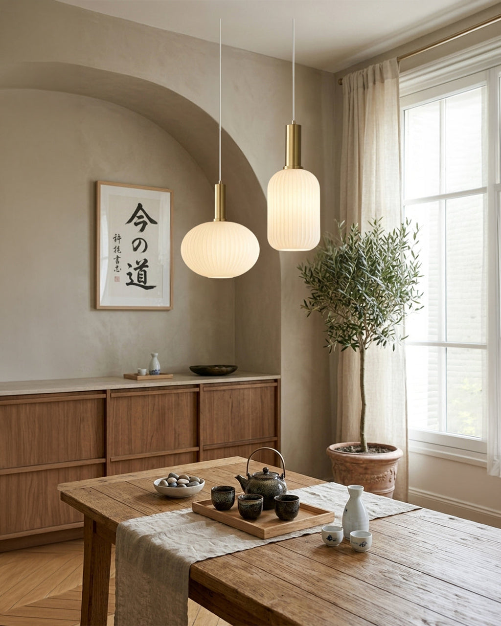 White ribbed glass pendant light with gold pendant light fitting