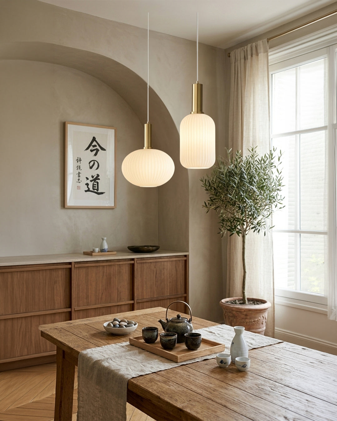 White ribbed glass pendant light with gold pendant light fitting